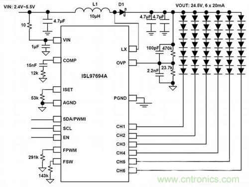 圖題:可利用單單元鋰離子電池驅(qū)動的背光燈用LED驅(qū)動IC