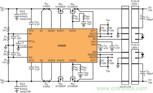  圖 4：在 &micro;TCA 應(yīng)用中，LTC4225 為兩個(gè)&micro;TCA 插槽提供 12V 電源