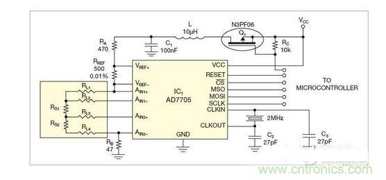 測量電路測三個點的值，微控制器就可以計算出傳感器值