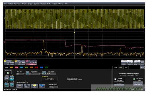 紅色曲線F2(中心)顯示了掃頻正弦波FFT中的每個(gè)頻率的峰值或最大值。曲線F1(底部)是沒有應(yīng)用最高或最大值的FFT。F2描述符盒子顯示了最高功能的設(shè)置