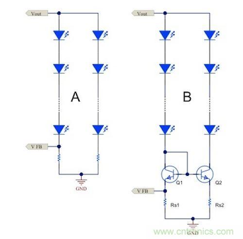 電流鏡 (B) 可針對簡單電阻器電流調節(jié) (A) 提供各種優(yōu)勢。
