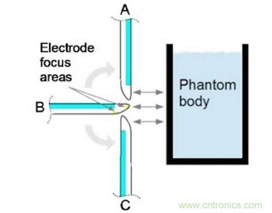 相對(duì)于假想體測(cè)試角的電極焦點(diǎn)區(qū)域。