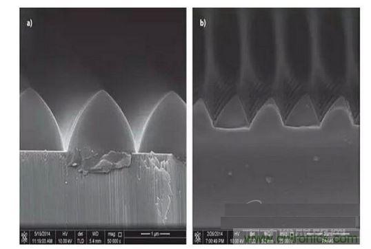 圖案化藍(lán)寶石基板通過(guò)光致抗蝕劑掩膜在電感耦合等離子體干法反應(yīng)性腐蝕保持良好剛性結(jié)構(gòu)（如圖a）,然而，如果光致抗蝕劑掩膜的剛性結(jié)構(gòu)在抗蝕過(guò)程中沒(méi)有得到保持，那么結(jié)果會(huì)很差（如圖b）