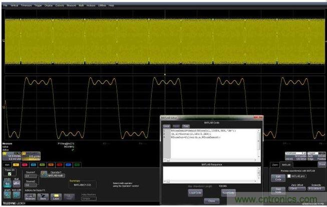 這個(gè)嵌入式MATLAB腳本用于解調(diào)調(diào)頻載波，并顯示調(diào)制波形。編輯框允許用戶不離開(kāi)示波器環(huán)境就能完成腳本的創(chuàng)建或編輯。
