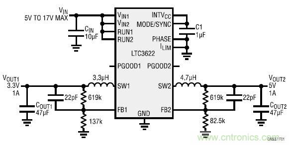 17V輸入、雙路1A輸出的同步降壓型穩(wěn)壓器
