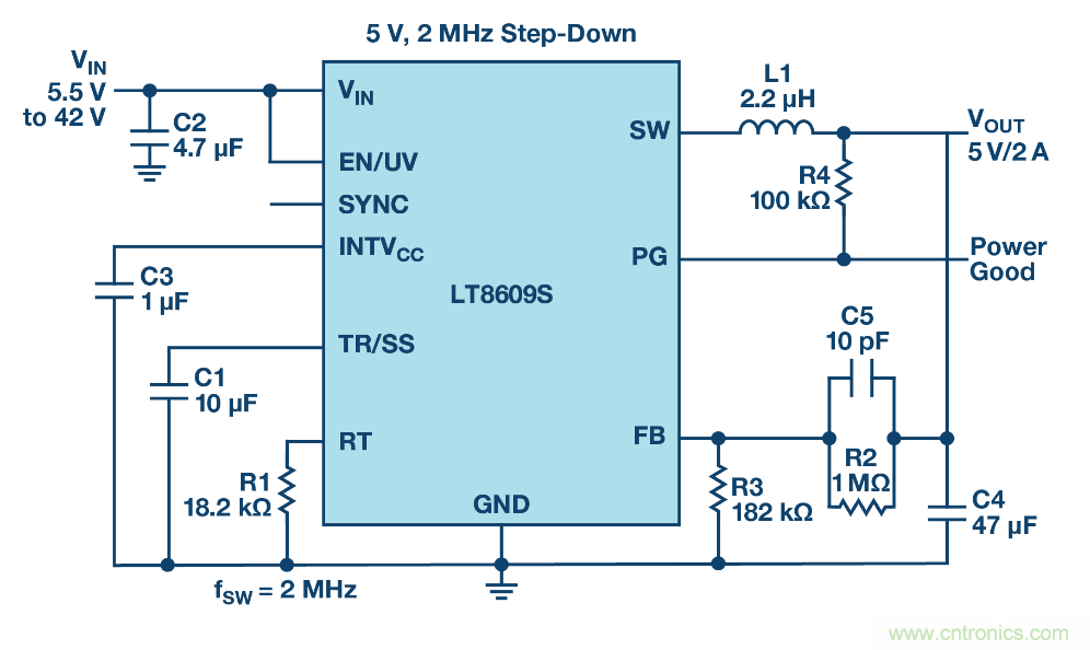 具 2.5 &mu;A 靜態(tài)電流和超低 EMI 輻射的 42 V、2 A/3 A 峰值同步降壓型穩(wěn)壓器