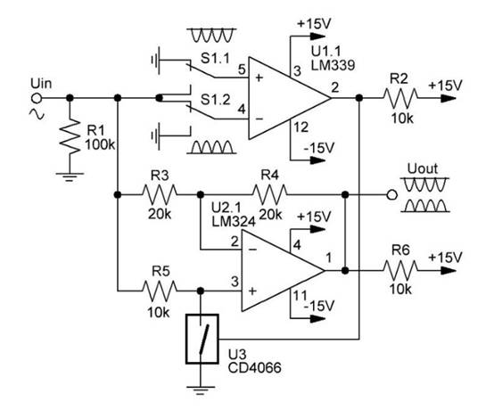運(yùn)算放大器上的兩個(gè)半周期整流器 運(yùn)算放大器上的兩個(gè)半周期整流器