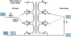   材料  ? ADALM2000主動學(xué)習(xí)模塊 ? 無焊試驗(yàn)板和跳線套件 ? 一臺HPH1-1400L 6繞組變壓器 ? 一臺HPH1-0190L 6繞組變壓器 ? 兩個100 Ω電阻  說明  在無焊試驗(yàn)板上構(gòu)建圖2所示的電路。需要使用此設(shè)置來測量初級/次級匝數(shù)比為1:1的三種不同配置下，兩個變壓器型號各自的頻率響應(yīng)。兩個紅色箭頭表示在初級和次級使用同一個線圈的配置中連接源電阻和負(fù)載電阻的位置。藍(lán)色箭頭對應(yīng)的是在初級和次級使用兩個串聯(lián)線圈的配置。綠色箭頭對應(yīng)的是在初級和次級使用三個串聯(lián)線圈的配置。